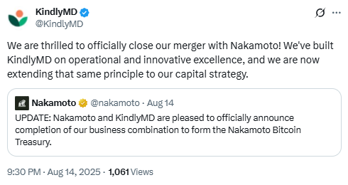 KindlyMD shared news about Nakamoto Bitcoin Treasury. 