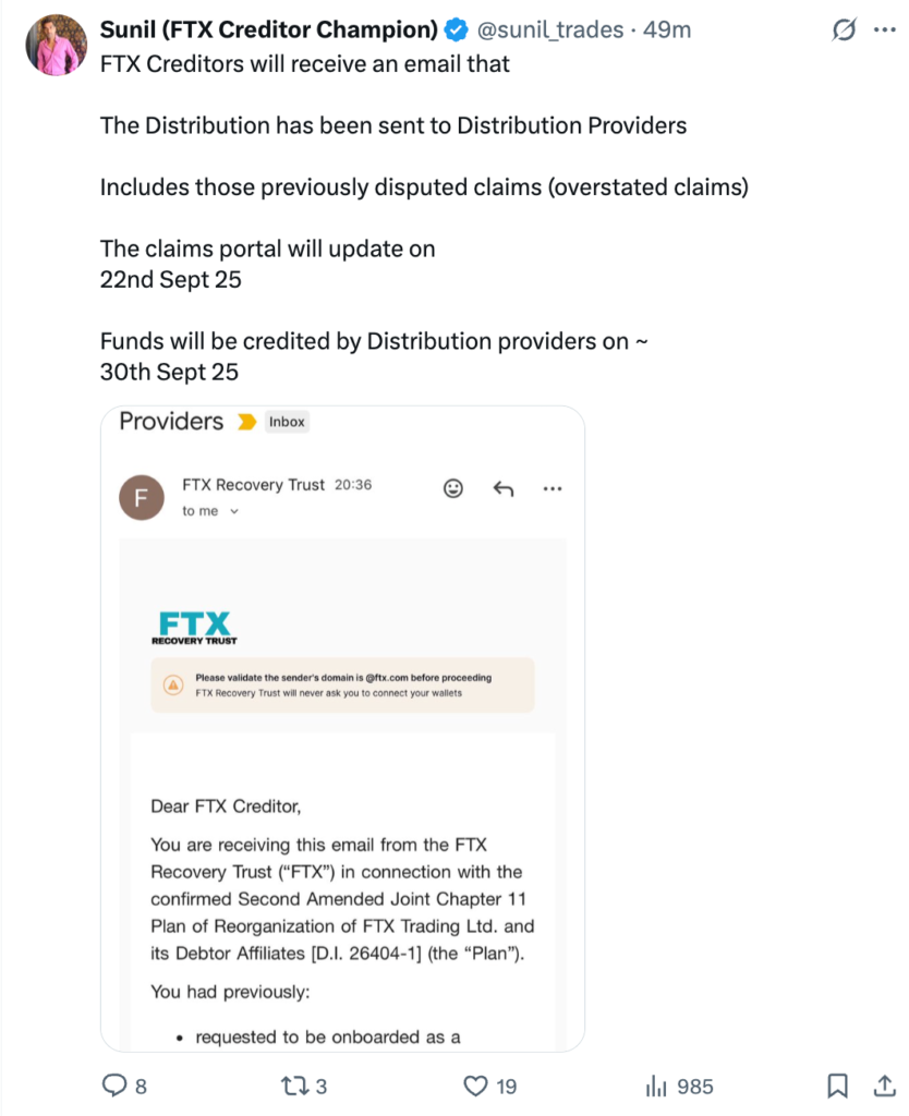 The long, messy saga of FTX’s bankruptcy is inching forward again. The FTX Recovery Trust, tasked with untangling Sam Bankman-Fried’s collapsed empire, has announced its third distribution: roughly $1.6 billion will be released to creditors on September 30, with funds expected to hit accounts within three business days.
