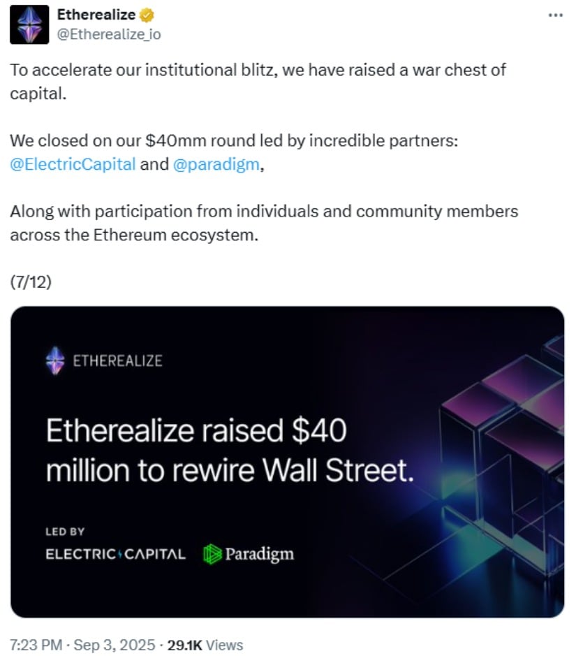 Etherealize Secures $40M to Accelerate Institutional Adoption