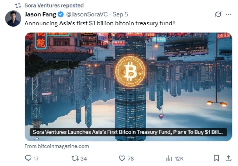 Asia’s First $1 Billion Bitcoin Treasury Fund Launches to Transform Regional Crypto Adoption