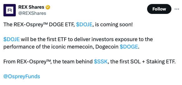 REX-Osprey's teaser on its upcoming Doge ETF launch posted on X.