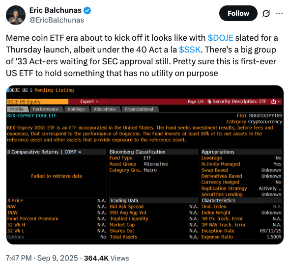 Eric Balchunas' post on X about REX-Osprey's Doge ETF launch.
