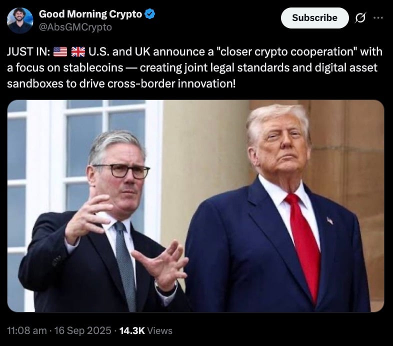 US and UK to have a focus on stablecoins and sandboxes for innovation.