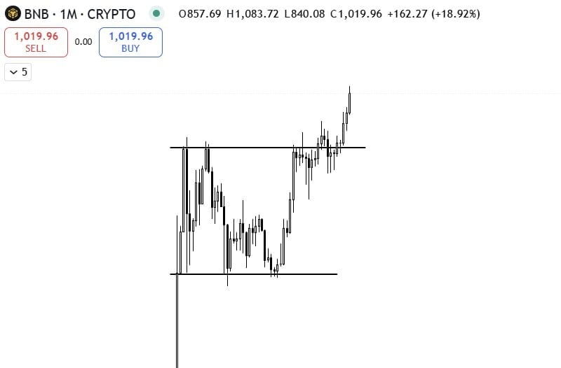 BNB monthly chart on TradingView.