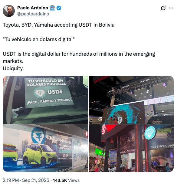 Tether CEO Paolo Ardoino posted on X that Yamaha, Toyota, and BYD now accept $USDT payments.