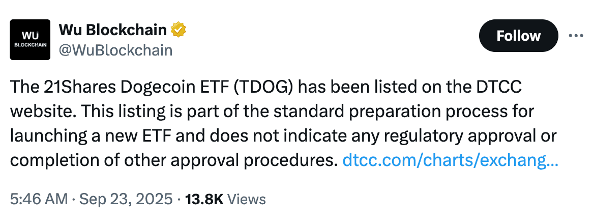 WuBlockchain's post on X regarding the $TDOG ETF application.