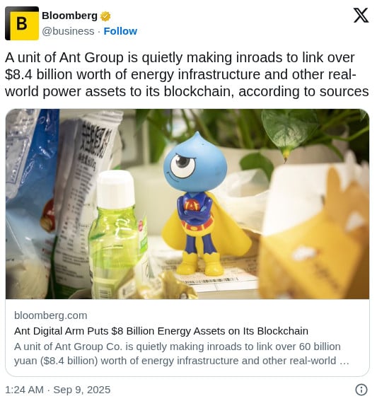 Bloomberg tweet about Ant’s digital arm putting $8B on blockchain.