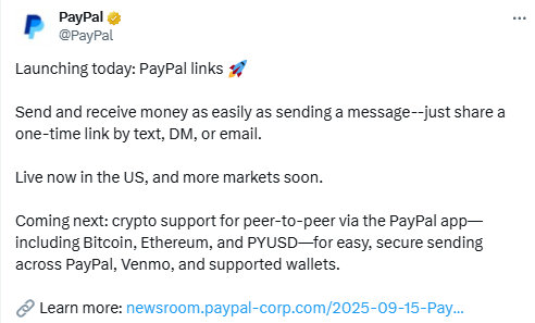  PayPal announced a new P2P crypto service called Links on Twitter.