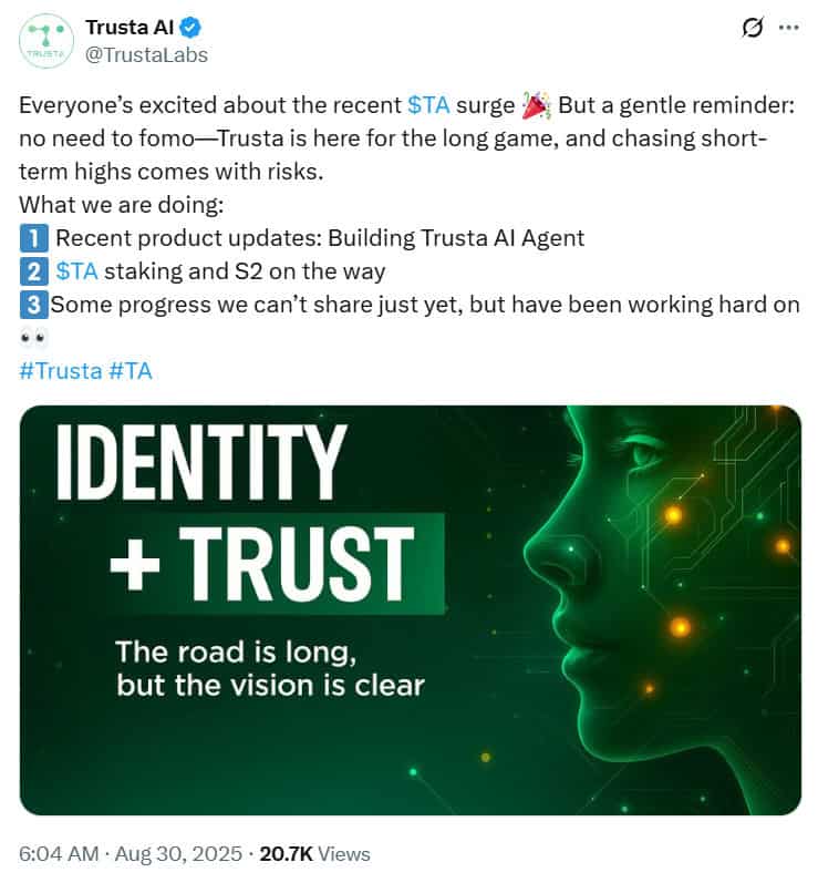 Trust.AI staking announcement on Twitter.