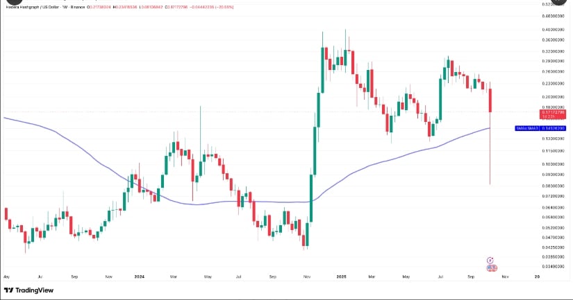 HBAR Reaches 100-Week Moving Average After Sharp Market Drop