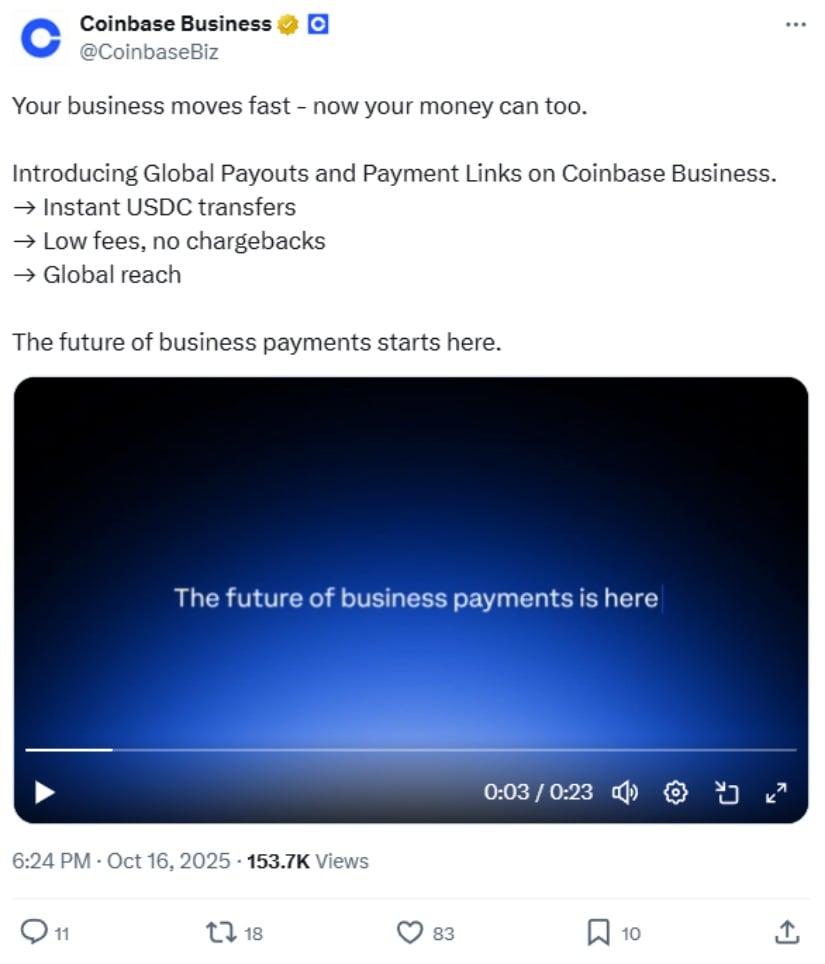 Coinbase推出新商业支付工具实现即时全球交易