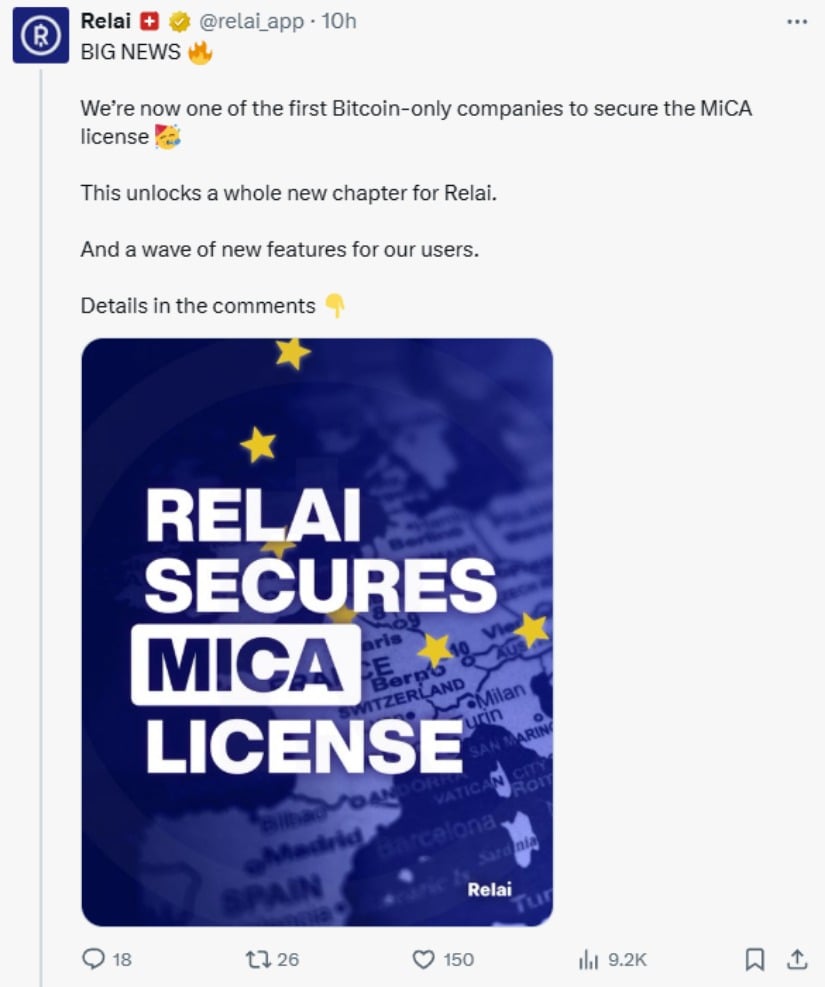 🟨CRYPTO ANALISI: "Relai Ottiene Licenza MiCA: Un Traguardo per il Bitcoin in Europa"