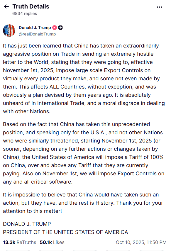Donald Trump’s Truth Social post announcing the 100% tariff on China