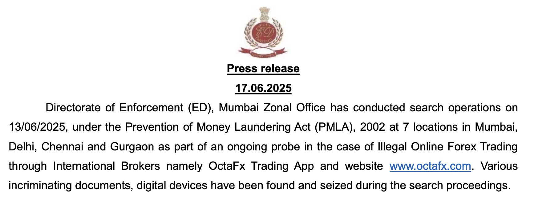 Enforcement Directorate Press Release