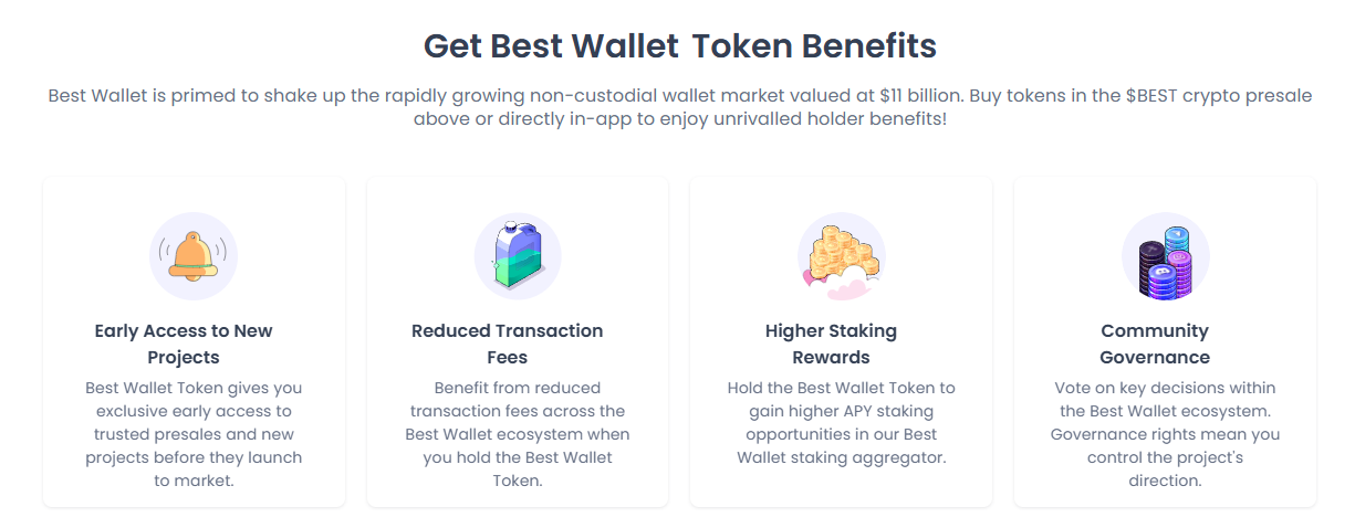 فوائد Best Wallet على صفحة البيع المسبق الرسمية.