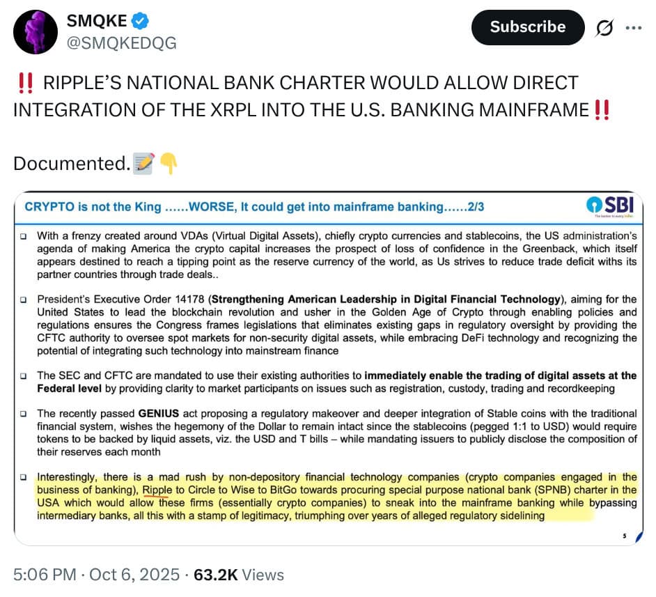 SMQKE x post about XRP integration impact