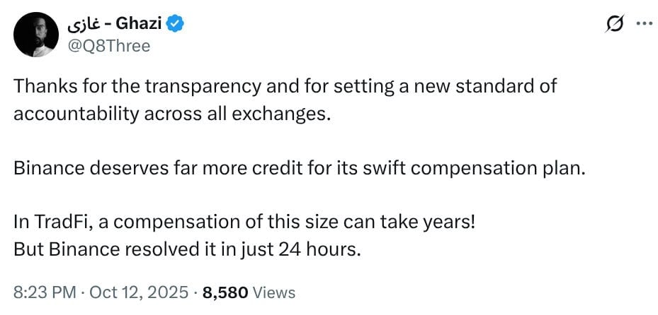 X user praising Binance