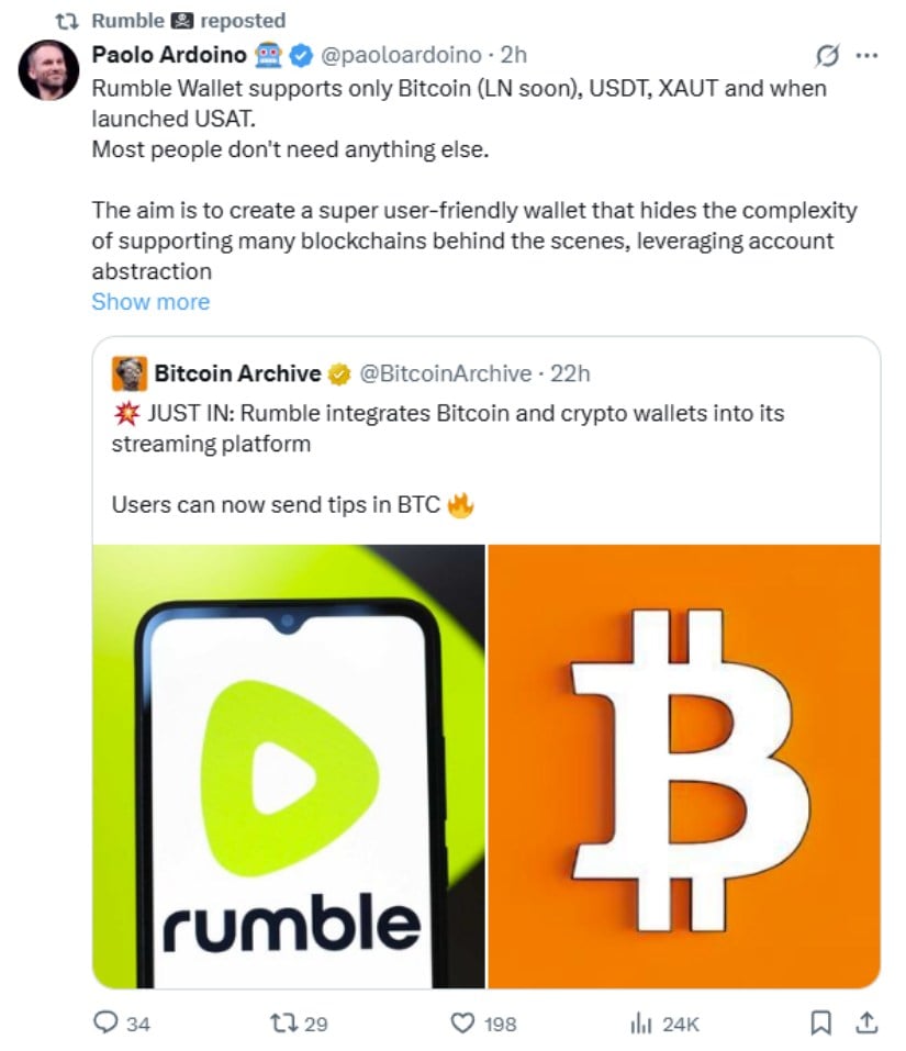 Rumble Tests Bitcoin Wallet on Android, Enabling Creator Tips in BTC and Stablecoins
