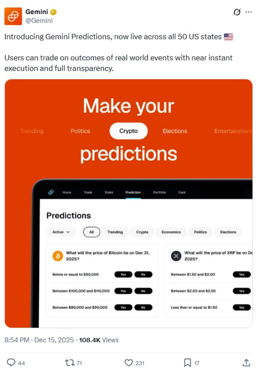 Gemini Launches Prediction Markets Across All 50 US States After Five-Year Wait