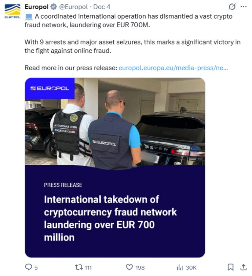 European Authorities Dismantle €700 Million Cryptocurrency Fraud Network