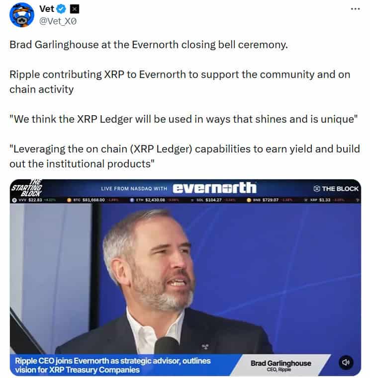 Brad Garlinghouse discusses Ripple’s XRP contribution to Evernorth to support the community and on-chain activity