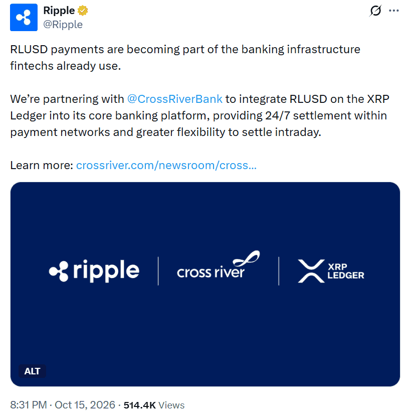 Ripple is integrating RLUSD on the XRP Ledger into Cross River Bank’s payment system news report