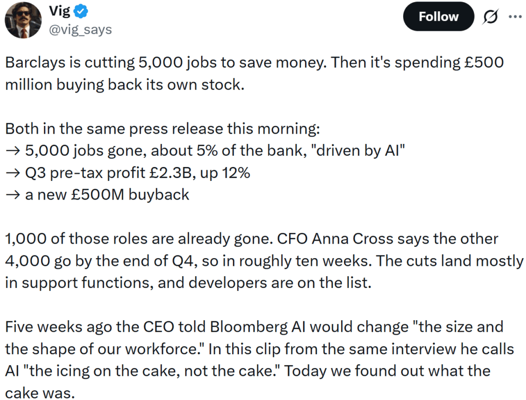 Barclays CEO C.S. Venkatakrishnan called AI “the icing on the cake, not the cake,”