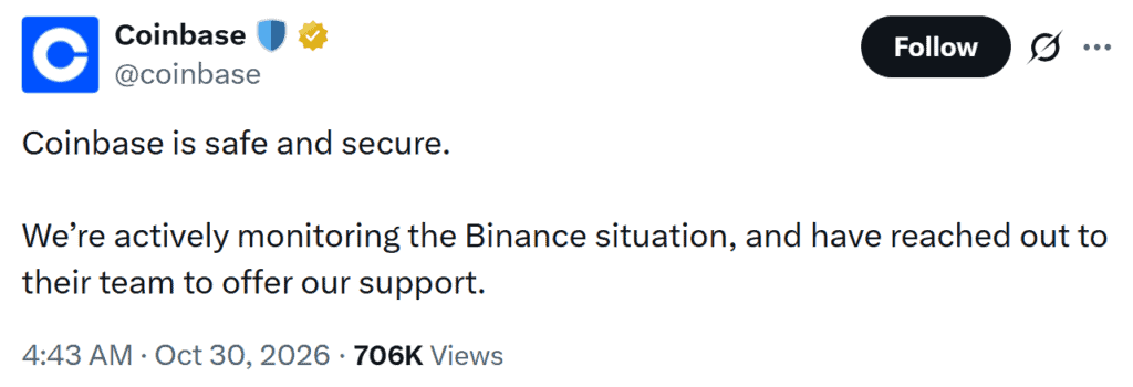Coinbase reaffirmed its security measures, monitored Binance’s crisis, and offered support