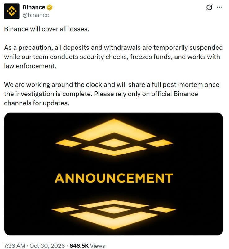 Binance pledges to fully cover all losses resulting from the major security incident