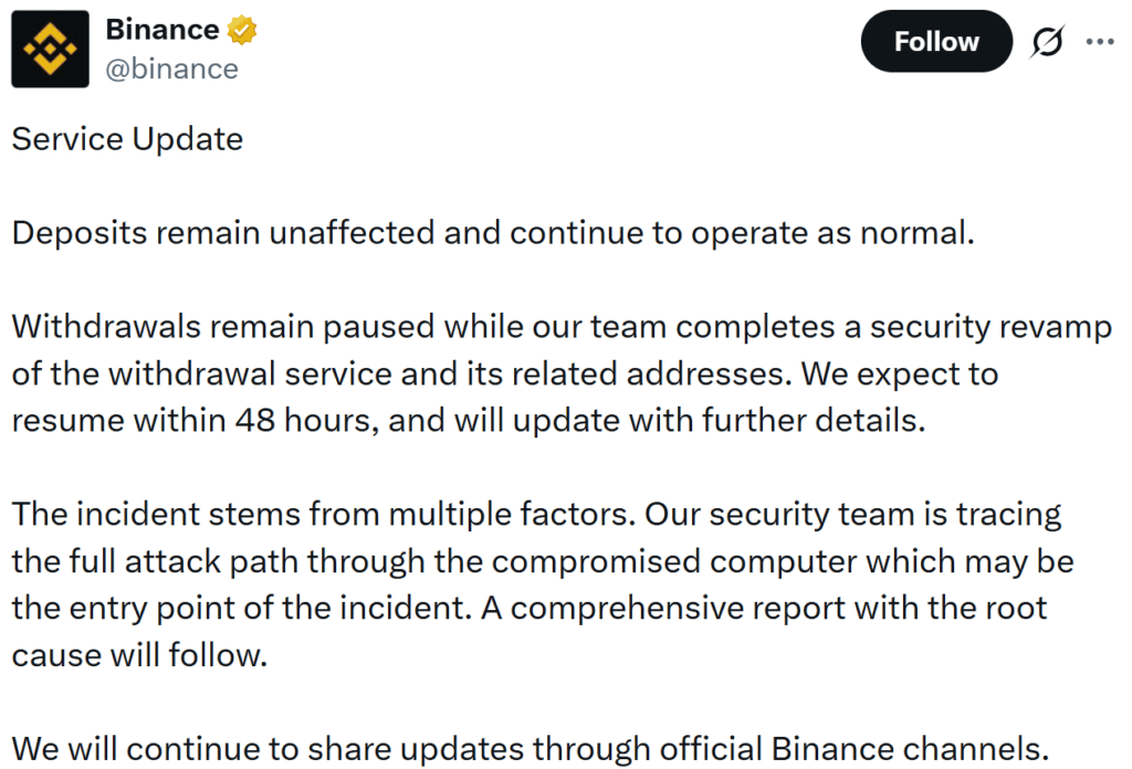 Binance confirms deposits remain operational, while withdrawals are suspended for up to 48 hours
