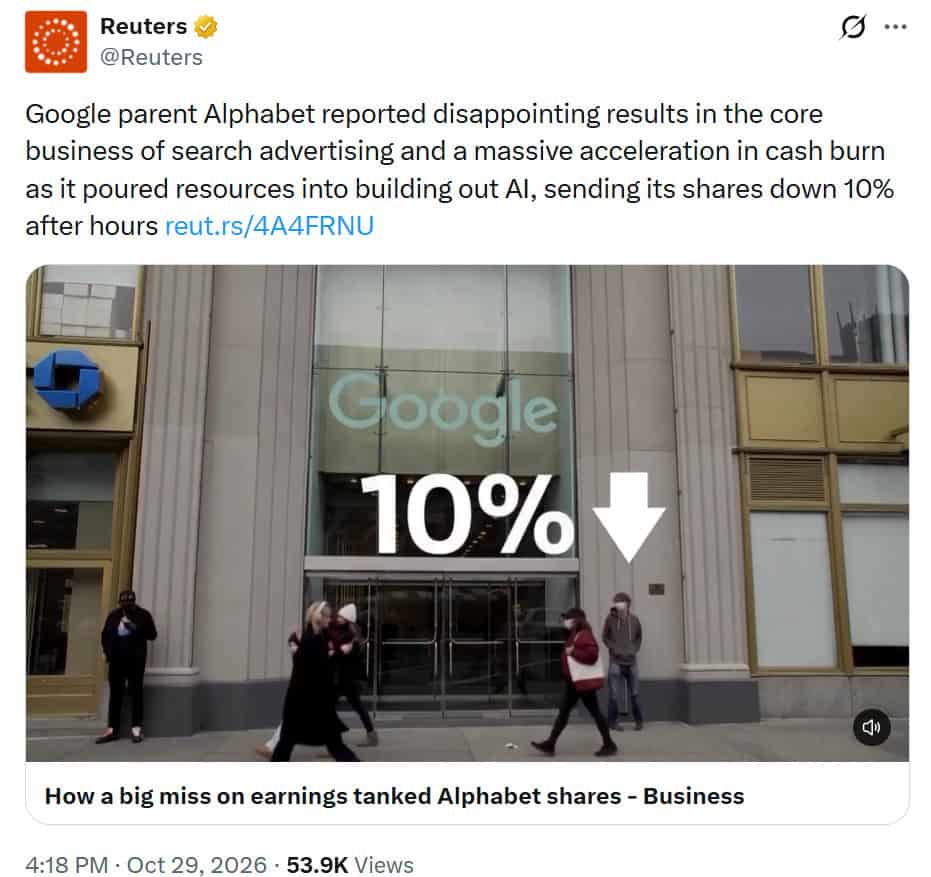 Alphabet reported its first negative free cash flow in 22 years, reaching $9.07 billion Reuters reports