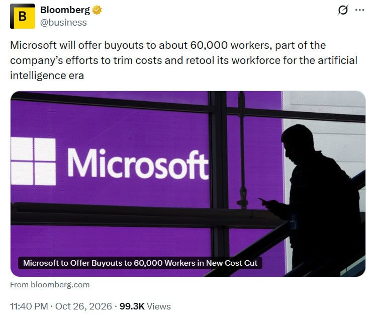 Microsoft is offering voluntary buyouts to approximately 60,000 employees Bloomberg news report
