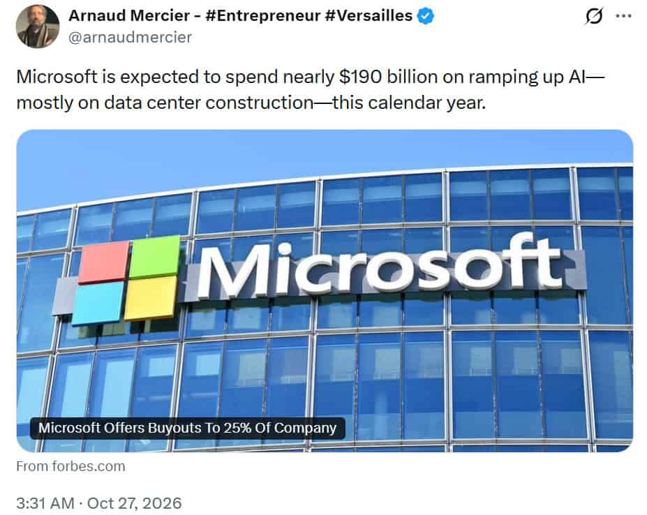 Microsoft is projected to spend nearly $190 billion on AI expansion in 2026
