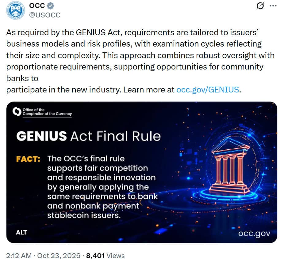 The OCC’s GENIUS Act rule tailors stablecoin issuer requirements and examination schedules