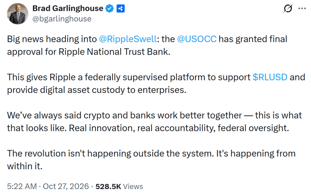 Brad Garlinghouse announces Ripple National Trust Bank approval by OCC