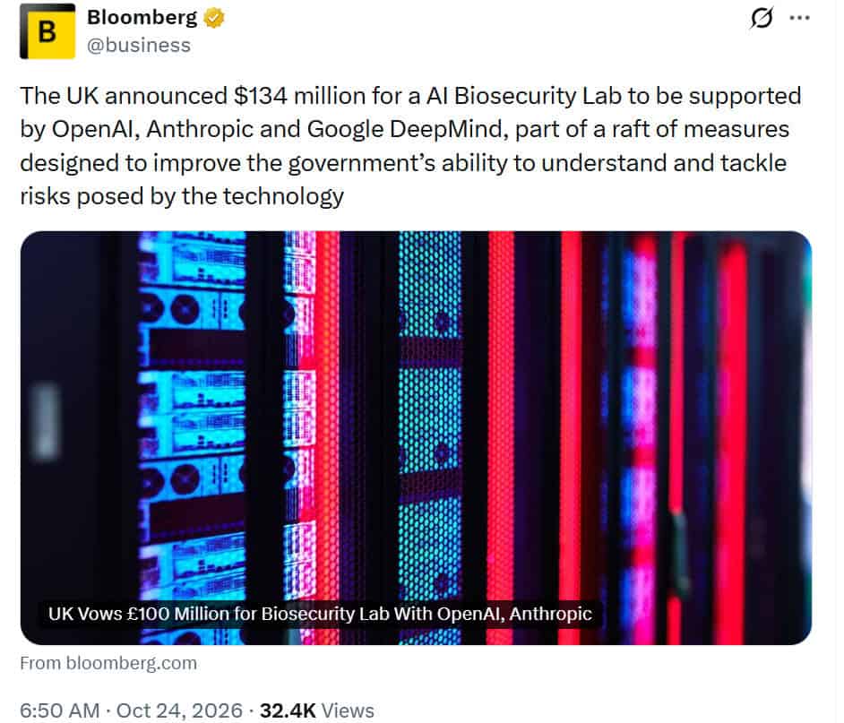 The UK launched a £100 million AI Biosecurity Lab with OpenAI, Anthropic, and Google DeepMind News Source